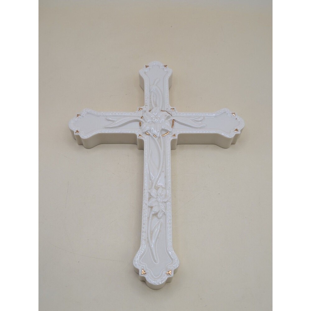 Lenox Fine Porcelain Classic Lily Wall Cross Ivory With Gold Trim Accents